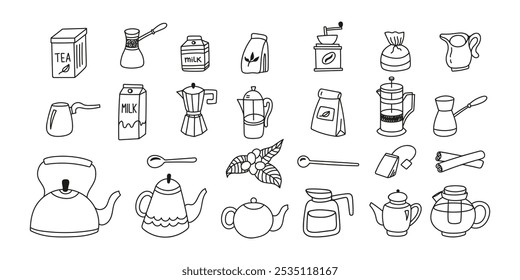 Hand drawn collection morning beverage coffee or tea with milk, kettle, turk, tea box and bag, coffee maker, teapot, coffee beans, spoon, cinnamon doodle