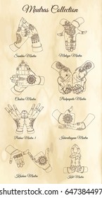 Hand drawn collection with mudras on two hands on textured background. Vector mudras with mehndi henna patterns on hands, ethnic hindu ornament