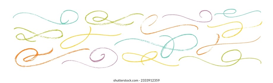 Colección dibujada a mano de batidos de rizos multicolores, batidos, cizallones. Calligrafía delgada girada con un pincel. Líneas y calamares de curas de lápiz. Resúmenes de esbozo de vectores, énfasis, líneas curvas establecidas