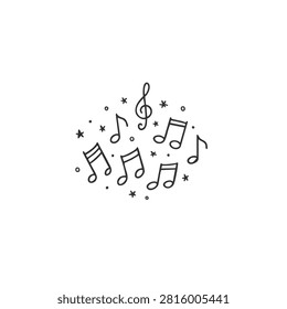 A hand drawn collection of musical notes treble clef and small decorative stars in a doodle style isolated on a white background