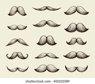 Hand drawn collection of mustache. Vector illustration