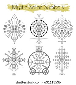 Hand drawn collection with mystic solar symbols.  Hand drawn black and white illustrations, vector doodle drawings