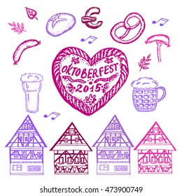 Hand drawn collection for Oktoberfest in Germany in a form of the heart: pretzel, bread, sausage, mug with beer, leaves, cake, typical german houses. Vector Illustration