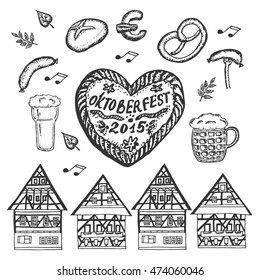 Hand drawn collection for Oktoberfest in Germany in a form of the heart: pretzel, bread, sausage, mug with beer, leaves, cake, typical german houses. Vector Illustration