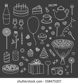 Hand drawn collection of outline items for birthday, wedding and Valentine's day isolated on the blackboard.