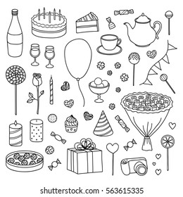 Hand drawn collection of outline items for birthday, wedding and Valentine's day isolated on white background.