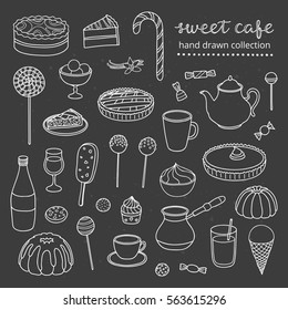 Hand drawn collection of outline sweets, cakes, ice cream, pies, coffee, tea isolated on the blackboard.
