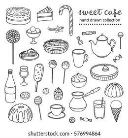 Hand drawn collection of outline sweets, cakes, ice cream, pies, coffee, tea isolated on white background.