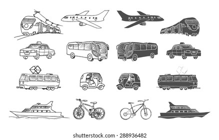 Hand Drawn Collection Of Passenger Transport . Doodle Set. Isolated