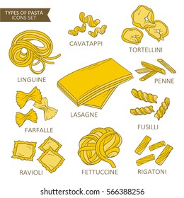 Hand drawn collection of pasta. Big set of objects. Colorful illustration with types of pasta. Decorative elements, food icons set