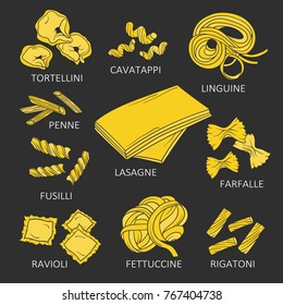 Hand drawn collection of pasta. Big set of objects vector. Colorful illustration with types of pasta. Decorative elements, food icons set