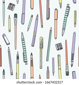 Hand drawn collection of pens, pencils and paintbrushes, seamless pattern