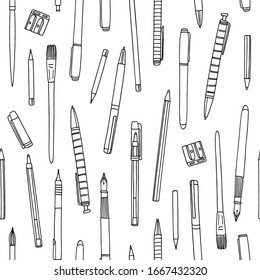 Hand drawn collection of pens, pencils and paintbrushes, seamless pattern