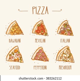 hand drawn collection of popular pizza