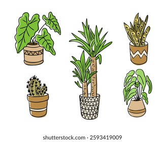 Hand drawn collection of potted houseplants, including tropical leaves, succulents, and cacti in decorative pots, creating a cozy home decor vibe. Vector doodle set isolated on white background