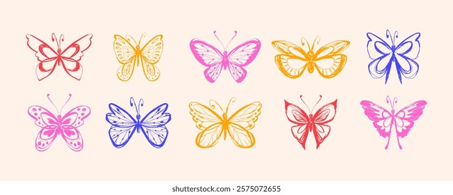 Hand Drawn Collection of Retro Butterfly with Grunge Texture. Colorful pastel Spring insects isolated on white background. Pencil drawings 