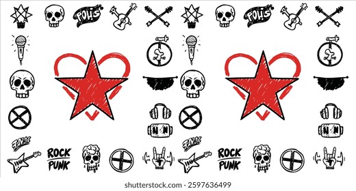 A hand drawn collection of rock and punk-themed doodle icons featuring stars, tattoos, and grunge elements. Designed with crayon brush strokes and sketch-style details, this set includes lightning.