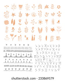 Hand drawn collection of romantic elements. Rubber stamps. Flowers, dividers, alphabet.  Wedding, marriage, bridal, birthday, Valentine's day. Isolated.  