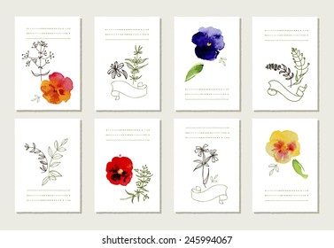 Hand drawn collection of romantic floral invitations. 8 gentle cards. Wedding, marriage, bridal, birthday, Valentine's day. Isolated.