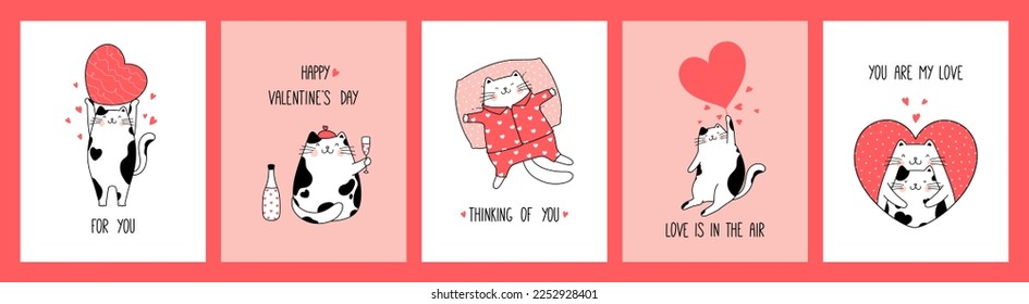 Hand drawn collection romantic greeting cards and posters with cute funny cats for Valentine's Day and Love. Vector design concept. Outline illustration cartoon style for holiday print.