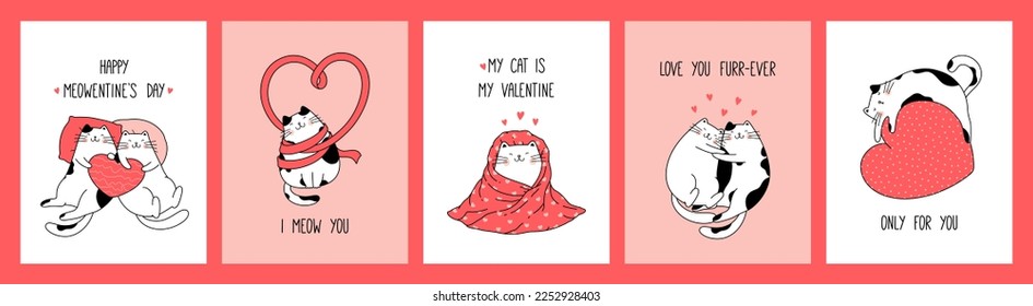 Recogida a mano tarjetas de felicitación románticas y afiches con lindos gatos para el Día de San Valentín y el Amor. Concepto de diseño de vectores. Estilo de dibujo gráfico de ilustraciones para impresión de vacaciones.