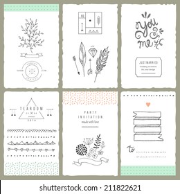 Hand drawn collection of romantic invitations. Wedding, marriage, bridal, birthday, Valentine's day. Isolated. Vector