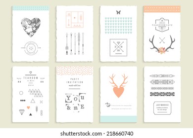 Hand drawn collection of romantic invitations. Wedding, marriage, bridal, birthday, Valentine's day. Isolated. Vector