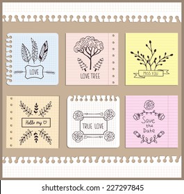Hand drawn collection of romantic invitations. Wedding, marriage, bridal, birthday, Valentine's day. Isolated. Vector