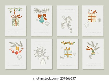 Hand drawn collection of romantic invitations to Christmas and New Year.  8 gentle cards. Isolated. No transparency. No gradients.
