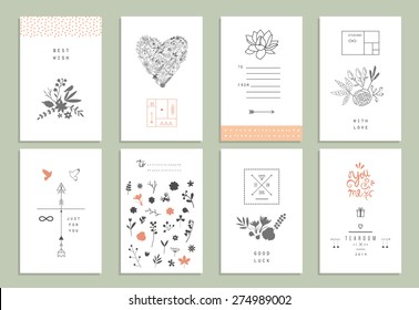 Hand drawn collection of romantic invitations. Wedding, marriage, bridal, birthday, Valentine's day. Isolated. Vector