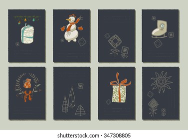 Hand drawn collection of romantic invitations to Christmas and New Year.  8 gentle cards. Isolated. No transparency. No gradients.