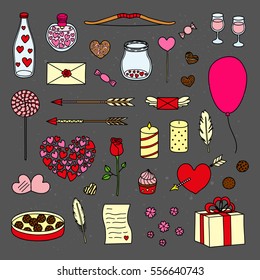 Hand drawn collection of romantic items for Valentine's day and wedding isolated on chalkboard background.
