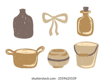 Hand drawn collection of rustic kitchenware, pots and decorative items on white background