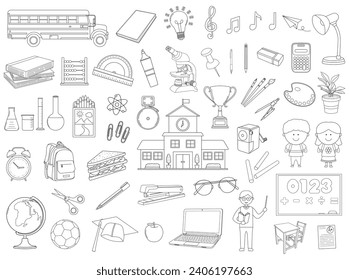 Hand drawn A collection of school icons presented in a flat style, showcasing colorful elements related to education. features isolated vector icons depicting various school items, including books