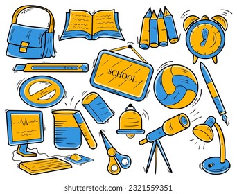 Hand Drawn Collection of School Supplies Colored Yellow Blue in Doodle Style.