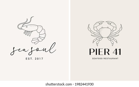 Hand drawn collection of seafood and fish restaurant logos, elegant retro style illustration of crab and shrimp 