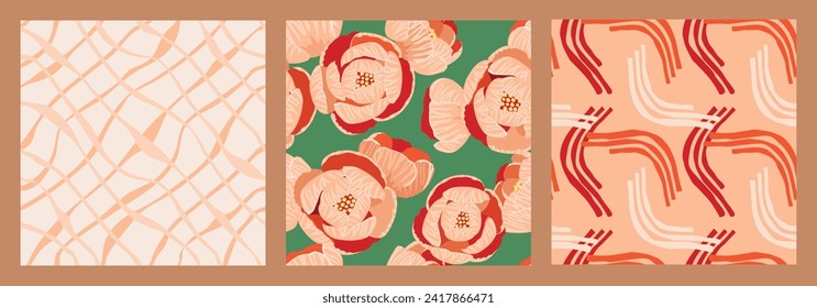 Colección dibujada a mano de un patrón sin fisuras con peonías florecientes.Antecedentes o texturas con flores y formas y rayas abstractas.Colores de color rosa, verde y rosa.Ilustración de dibujos animados vectoriales.