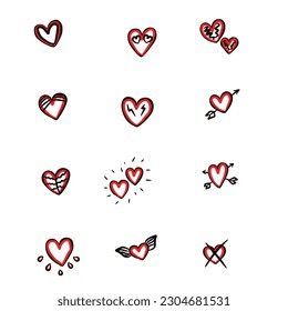 Hand drawn collection set of 12 hearts isolated on white background,vector illustration eps10 