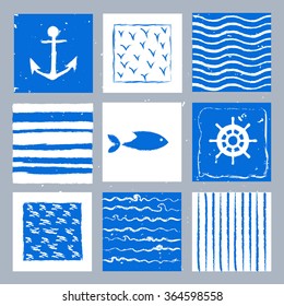 Hand drawn collection set cards with sea elements.