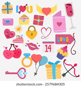 Hand drawn a collection set of of cute Valentine day doodle elements isolated on white background