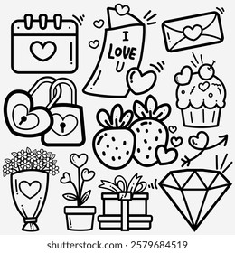 Hand drawn a collection set of of cute Valentine day doodle elements isolated on white background fashion elements for kids illustration.