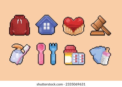 conjunto de colecciones dibujadas a mano en el estilo de arte de píxeles