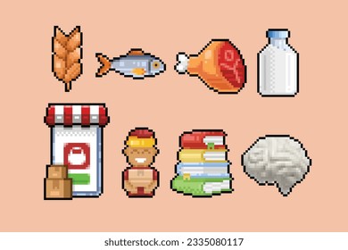 hand drawn collection set in pixel art style