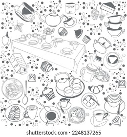 Hand Drawn collection set with teapot, coffee, cups, piece of cake and other dishes doodle style.