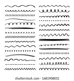 Hand drawn collection set of underline strokes in marker brush doodle style. Doodle design elements. Vector graphic design.