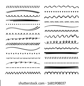 Hand drawn collection set of underline strokes in marker brush doodle style. Doodle design elements. Vector graphic design.