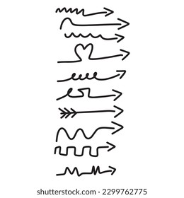 Handgezeichneter Satz verschiedener Zag-Dodle-Skizze-Pfeile einzeln auf weißem Hintergrund,Vektorgrafik eps10