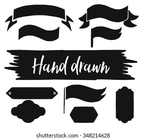 Hand drawn collection of shapes, ribbons and banners. Custom decorations for your design.