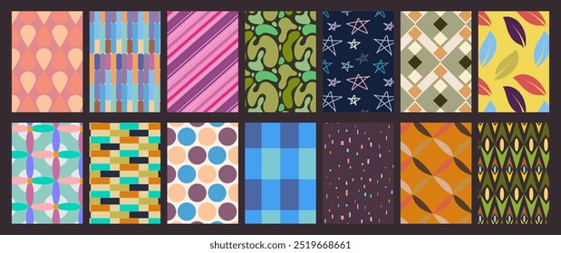 Hand drawn collection of simple funky geometrical patterns with cute elements. Groovy designs with retro vibes. Abstract colorful art for posters, flyers, cards, wallpapers, print.