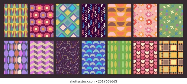Hand drawn collection of simple funky geometrical patterns with cute elements. Groovy designs with retro vibes. Abstract colorful art for posters, flyers, cards, wallpapers, print.